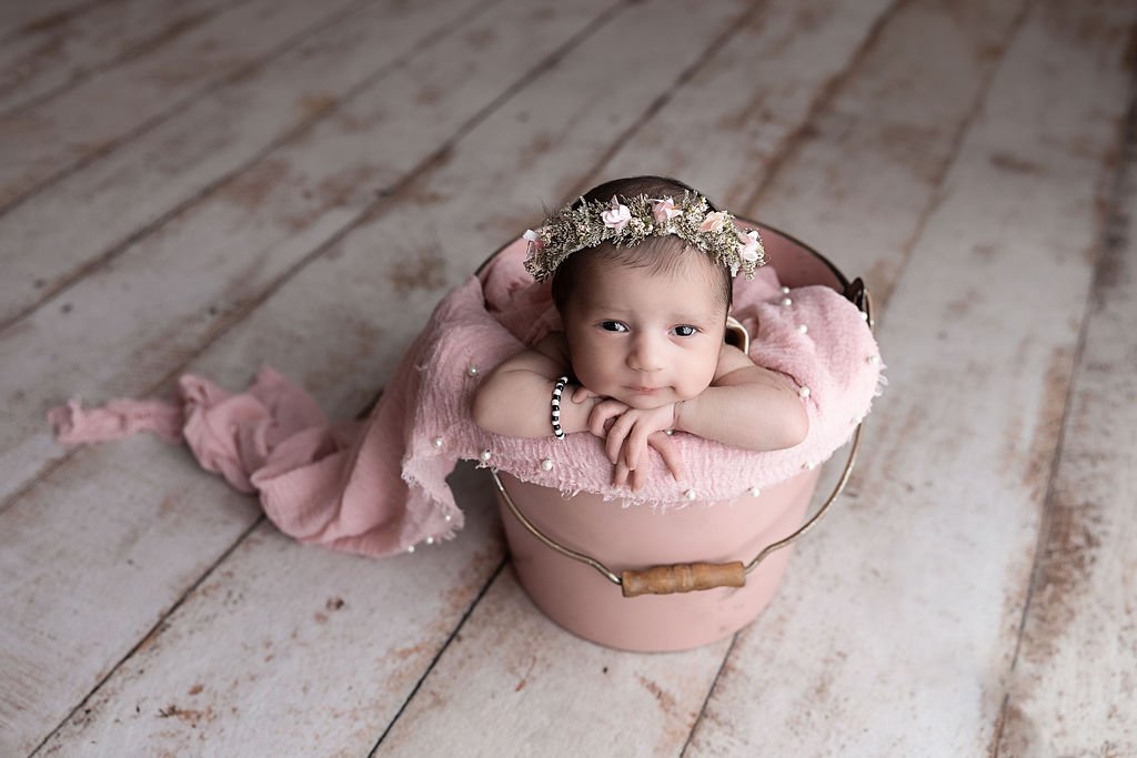 newborn in bucket baby photo